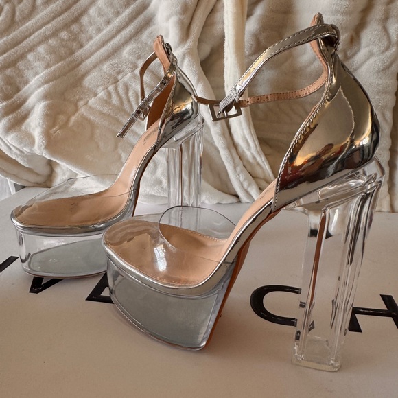 Silver Ankle Strap Platform Block High Heels - Picture 2 of 14
